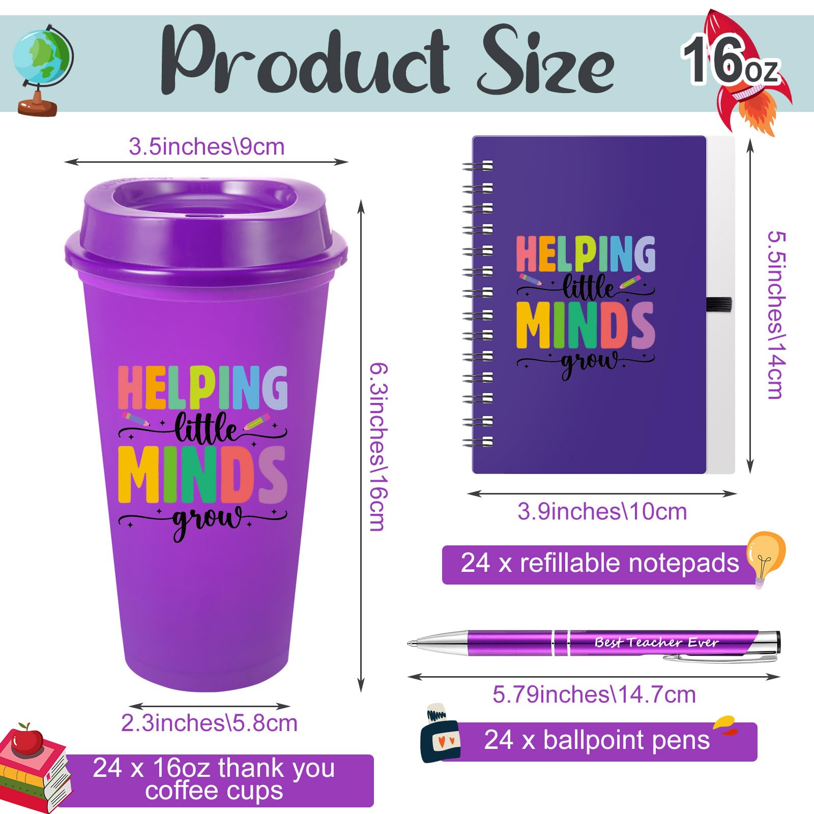 Teenyyou 72 Pcs Back To School Teacher Appreciation Gifts Bulk 16oz Plastic Coffee Cups With Lid Notebooks And Ballpoint Pens For Christmas Teacher Thank You Gift(Classic 1