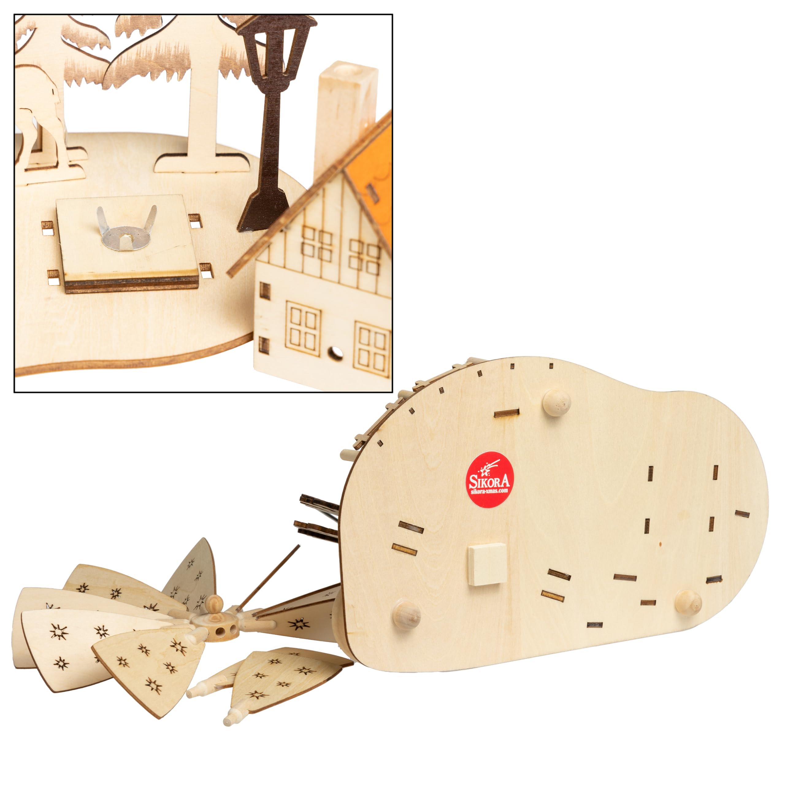 SIKORA P35e 2-in-1 Holz Teelicht Weihnachtspyramide Deko Pyramide Räucherfigur Wald mit rauchender Hütte