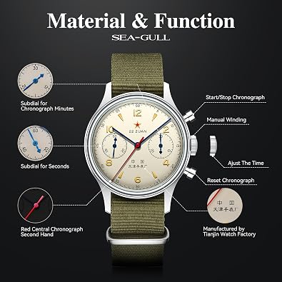 SEA-GULL 1963 Manual Wind Chronograph Watch & 18mm Red Leather Strap