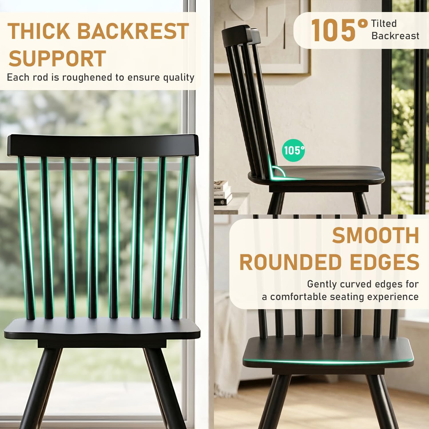 FDW Spindle Back Wooden Dining Chairs Set of 4, Sturdy Windsor Design with Wide Backrest, Comfortable Modern Farmhouse Chairs for Kitchen, Living Room & Restaurant, Easy Assembly, Black