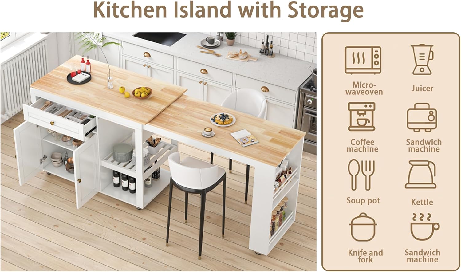 JassmiPkwy 78'' Rolling Kitchen Island with Extendable Dining Table for 4, Kitchen Islands w/Pull Out Table on Wheels, Drawer, 2-Tier Storage Shelf, White