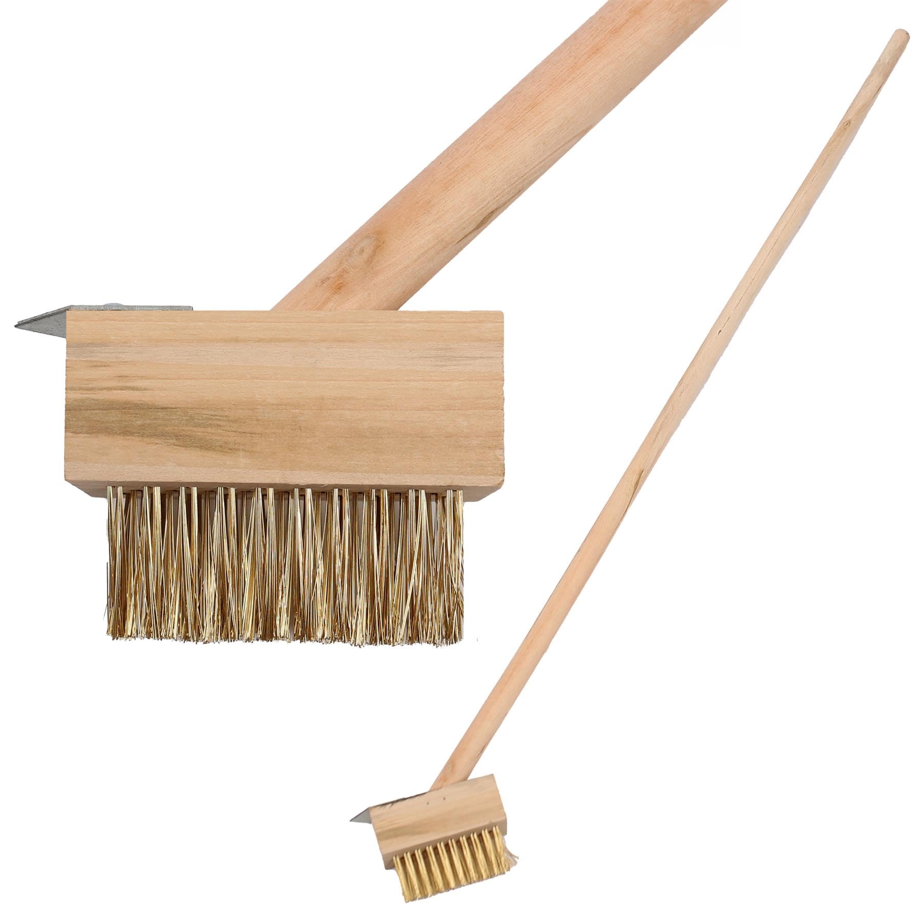 Harbour Housewares Wooden Long Handle Weed Brush - Patio & Driveway Weed Remover with Brass Bristles and Steel Scraper - 120cm Garden Path, Block Paving & Moss Cleaner