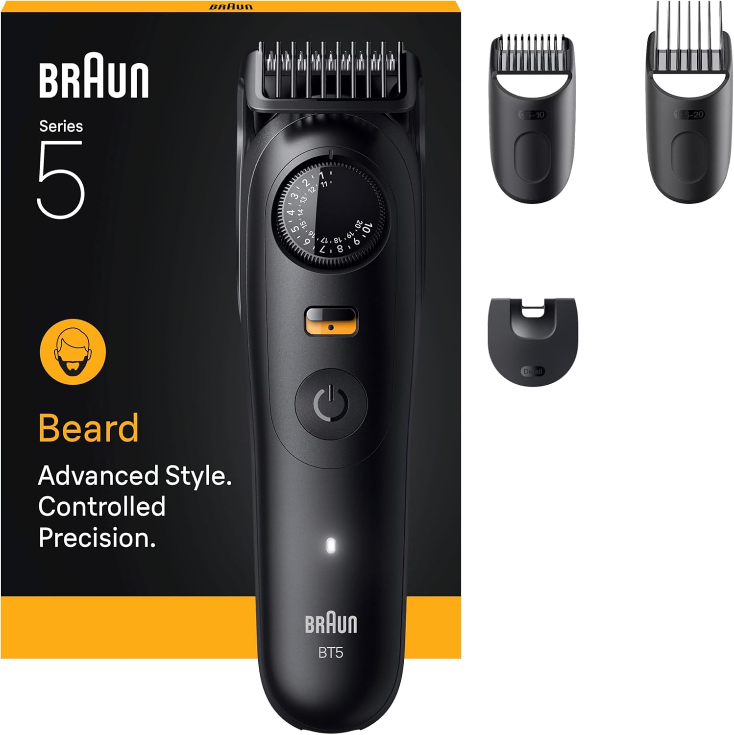 Braun Beard Trimmer Series 5, +4 Stylingtools, Ultra Sharp Shaving Blade, 120 Min Operating Time, 40 Lengths, Waterproof, PrecisionWheel & Lock, BT5520, Black