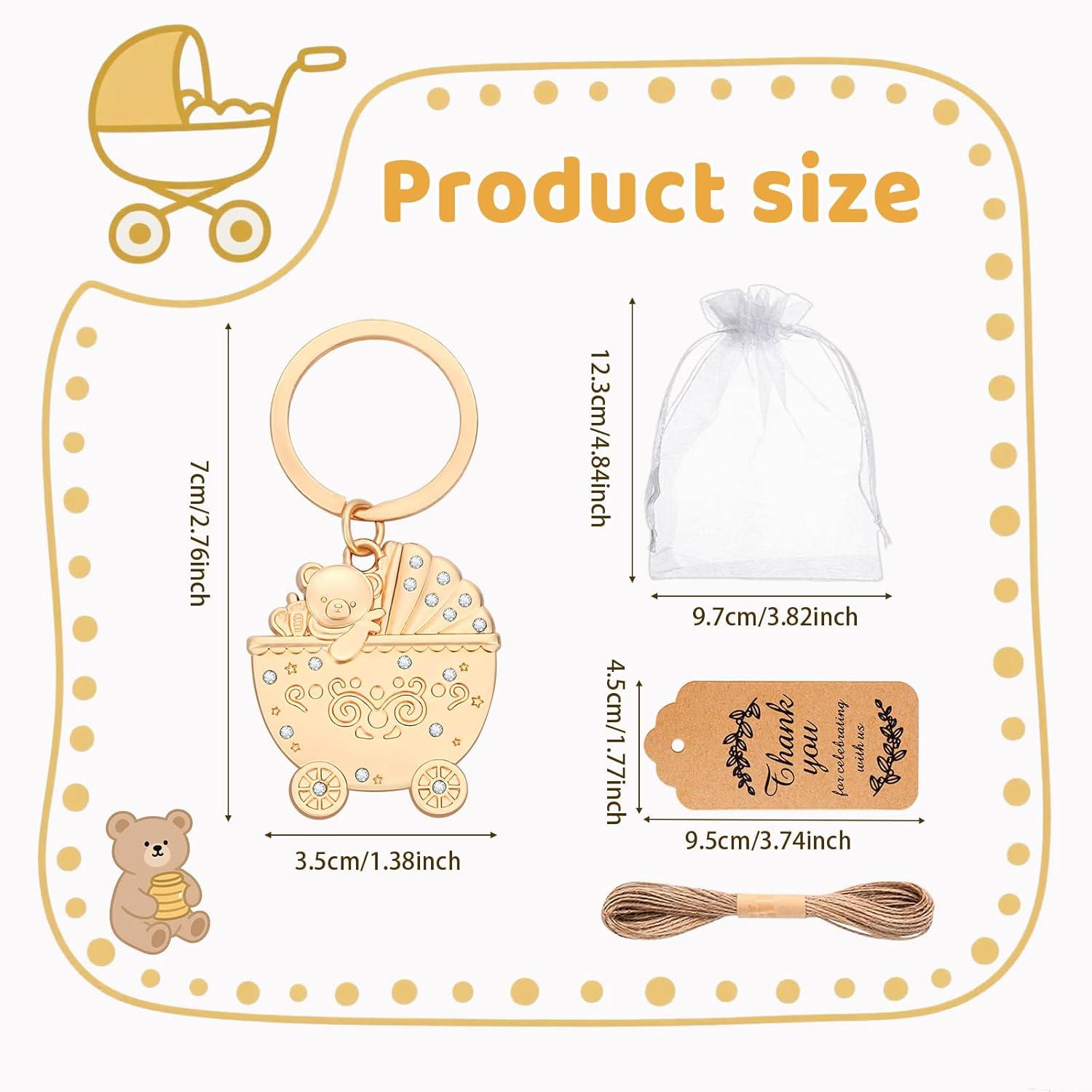 YKLIGTN 50 Pieces Baby Carriage Shape Keychain for Baby Shower, Bear Keychain Party Favors for Game Prizes,Gift,Decor,Souvenirs to Guests Bulk with Thank You Tags and Gift Bags