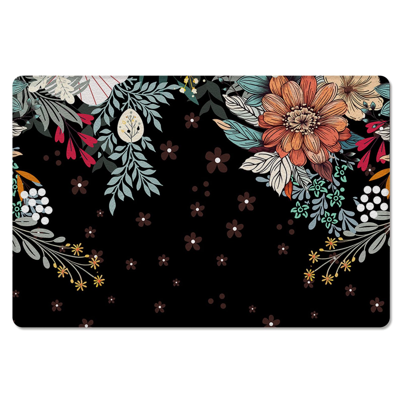 Black Boho Floral Kitchen Bath Door Mat Cushioned Runner Rug,Washable Welcome Floor Sink Antifatigue Mat,Waterproof Non-Slip Comfort Standing Doormat,Colorful Botanical Flower Tropical Leaves 18