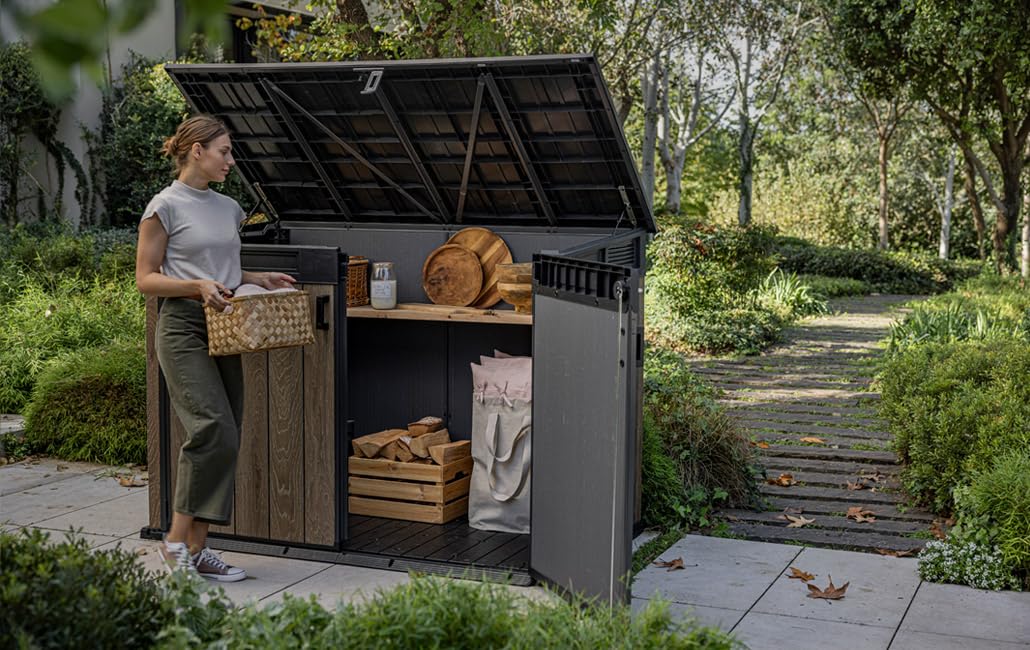 Keter Signature horizontaler Gartenschuppen wetterfest 2020 L Stauraum abschließbar Walnuss-Optik 190,5 x 109,3 x 132,5 cm