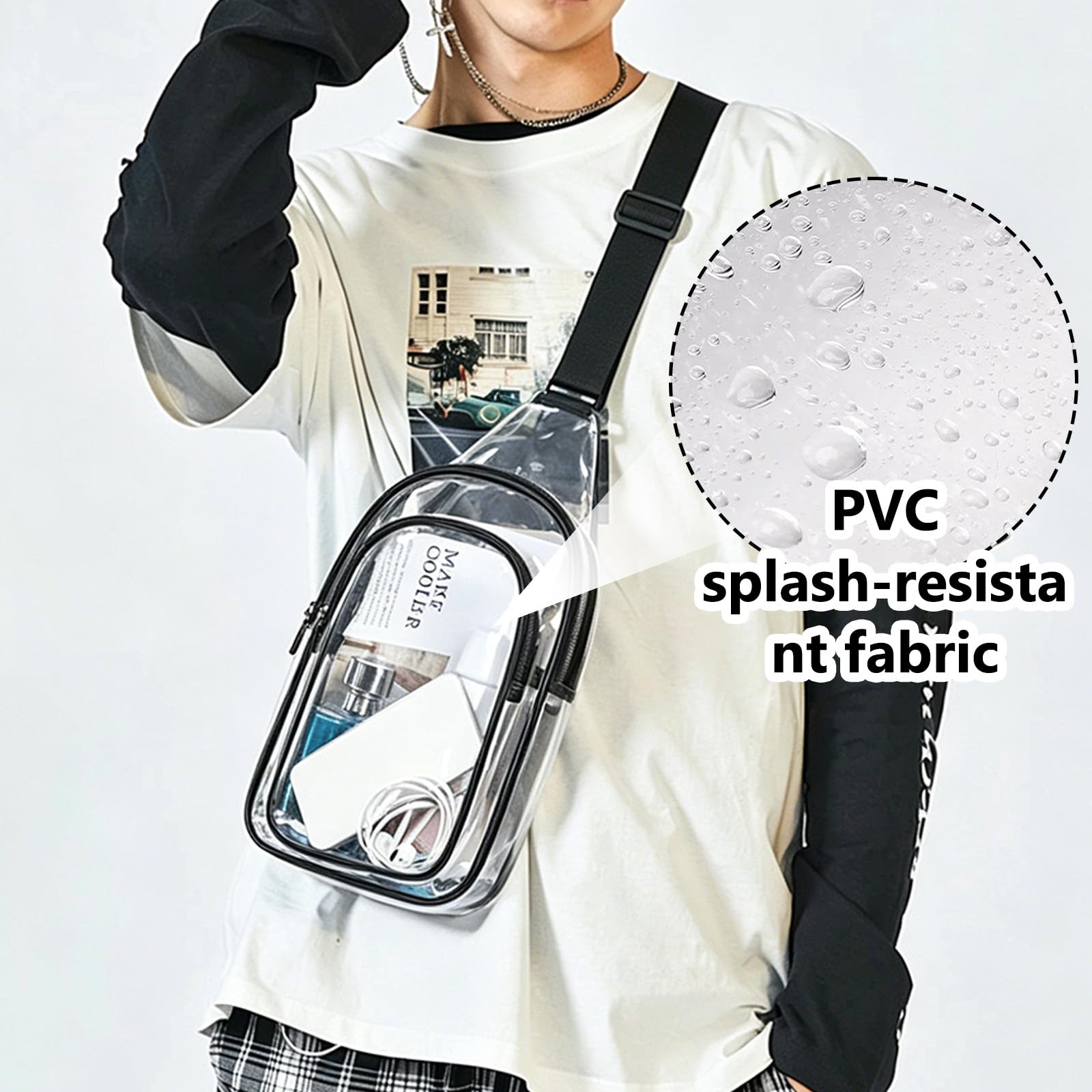 Bolsa de Pecho Transparente de PVC, Aprobado por Estadios Bolso Bandolera Hombre, Bolso Transparente Mujer con Correa Ajustable, Riñonera Resistente Al Aguariñonera para Conciertos Viajes