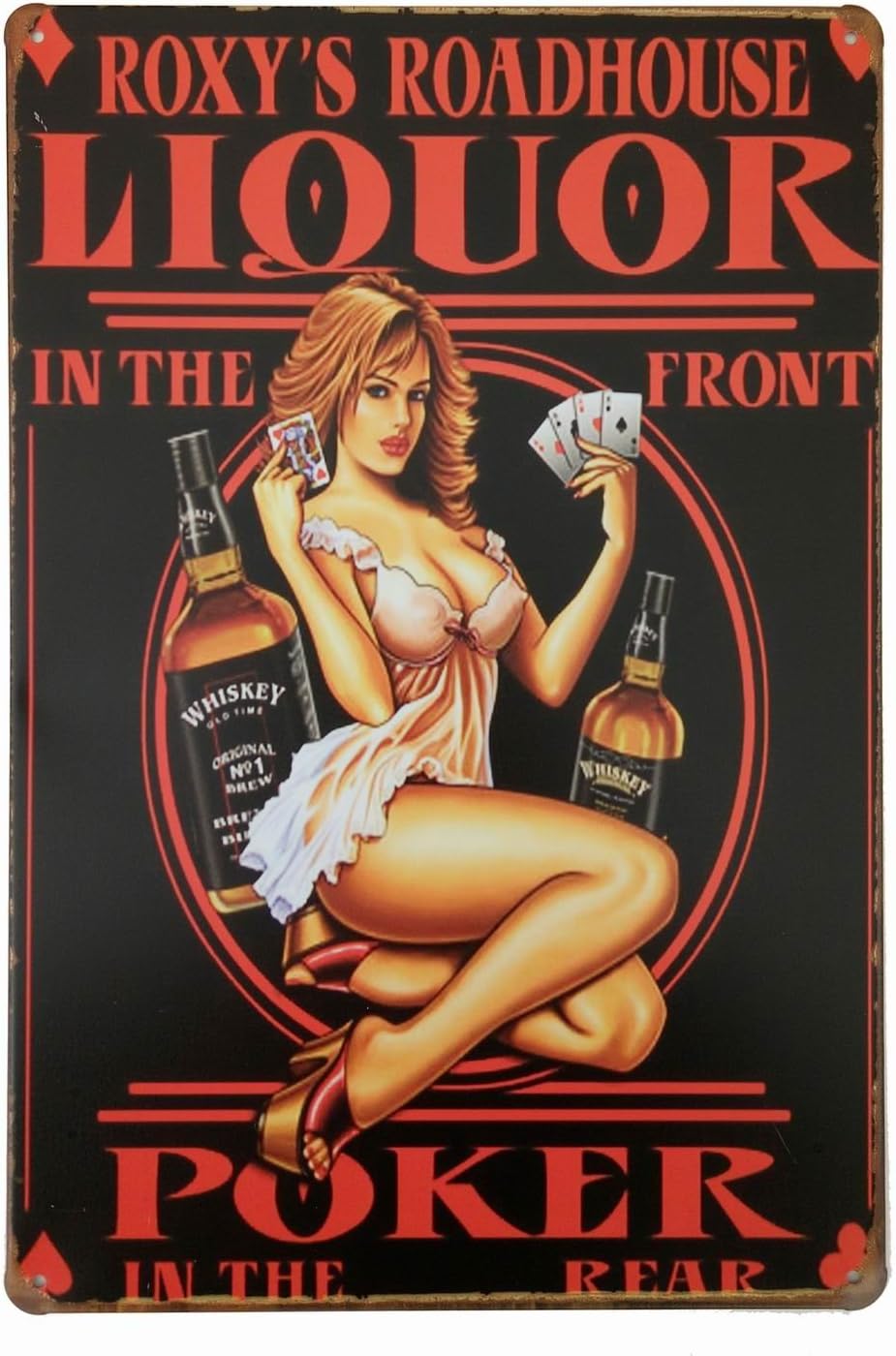 Erlood – Cartel de hojalata estilo retro – Chica Pin Up con botellas de whisky y cartas de póker – 12 x 8 pulgadas.