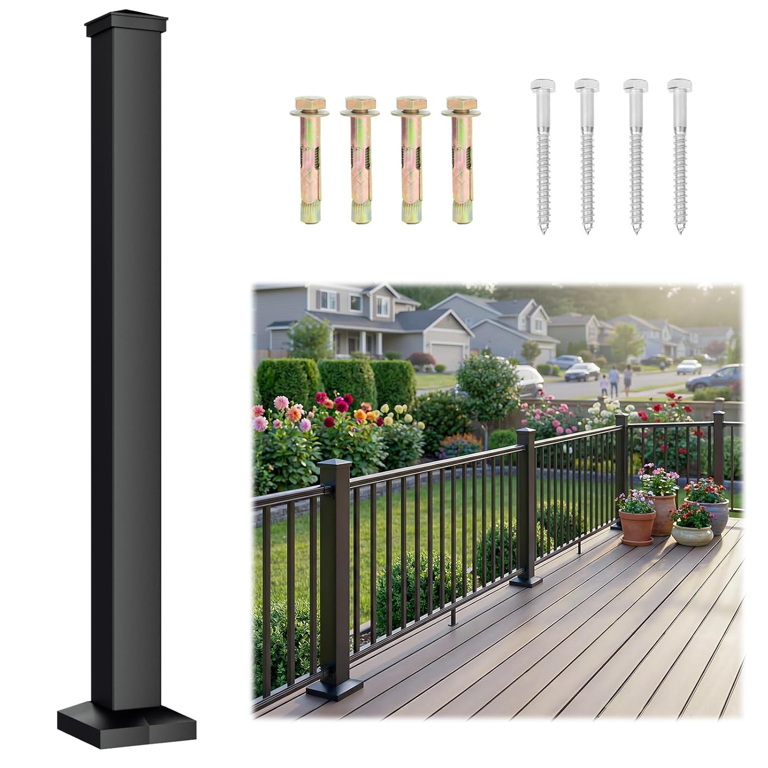 Egadis 1 Pack 3 in. x 3 in. x 39 in. Aluminum Railing Post, Porch and Deck Railing Post with Screws, Black Textured AAMA 2604 Powder-Coat Finish Stair Post for Decks, Porches & Balconies