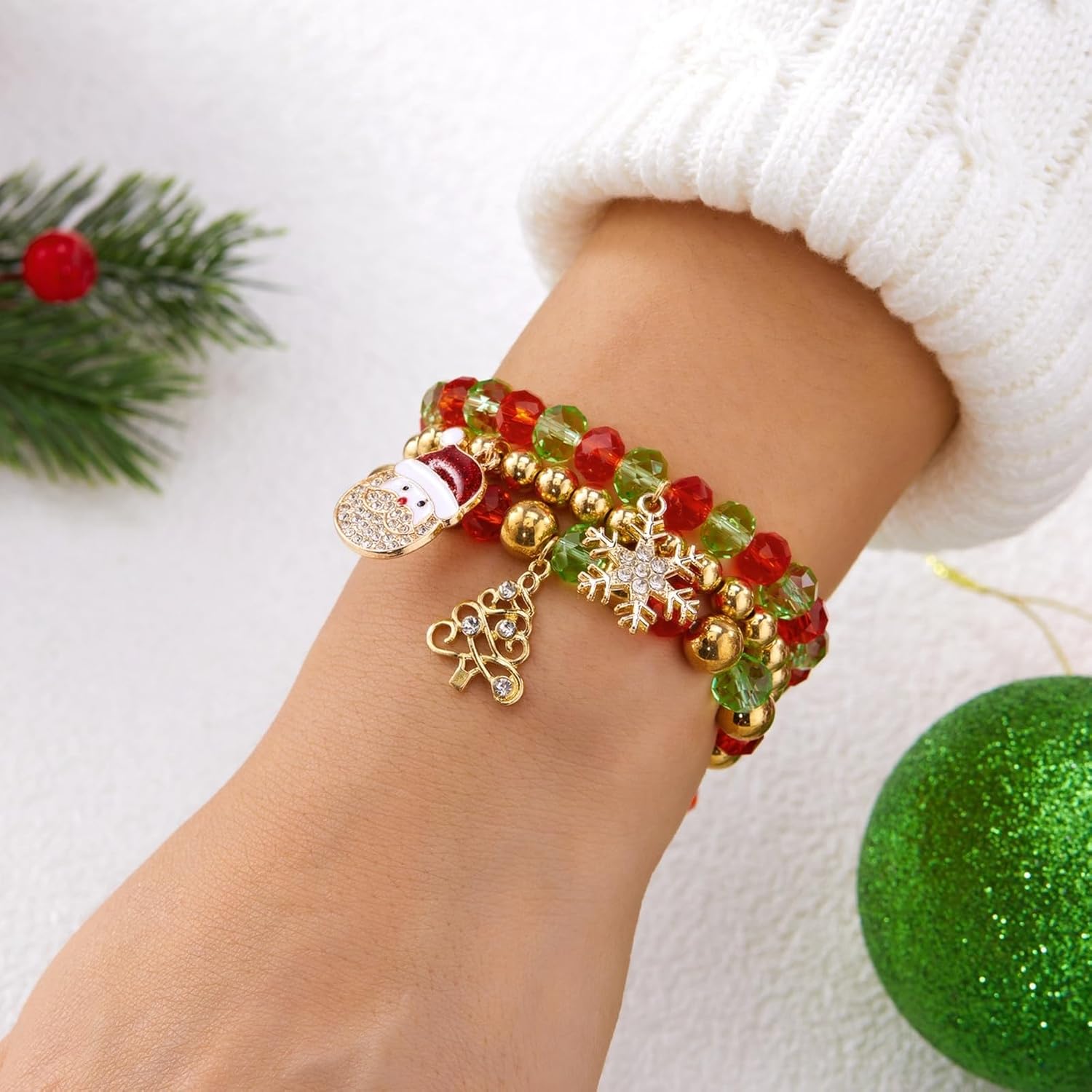 Christmas Crystal Beads Bracelet Set for Women Men Handmade Sparkling Colorful Beads Stretch Bracelet Xmas Snowflake Snowman Bell Santa Claus Bracelet Christmas Holiday Party Gifts - Image 3