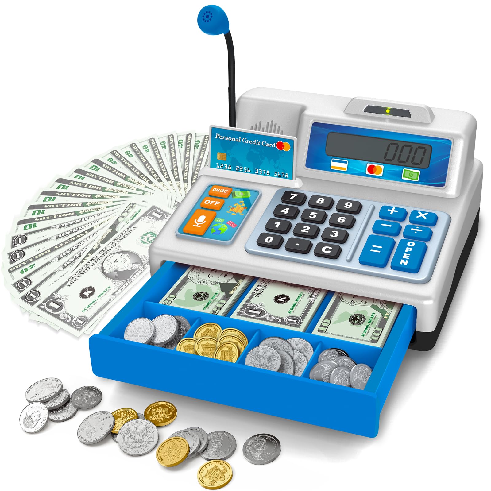 Calculator Cash Register Toy Gift for Kids Age 3, 4, 5, 6, 7, 8+ Year Old, 73 Pcs Grocery Store Playset with Microphone, Credit Card, Cash Register for Toddlers Kids 4-8