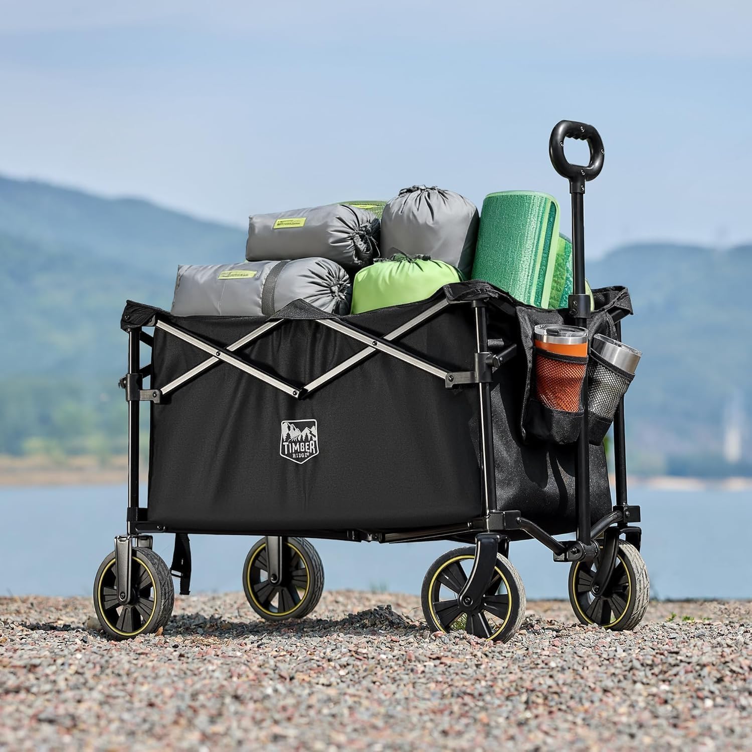 TIMBER RIDGE Chariot Camping Pliable 200L avec Porte-gobelet Poignée Réglable Chariot de Jardin pour Tous Les Terrains Extérieur Camping Shopping Pêche Charge Max 150kg