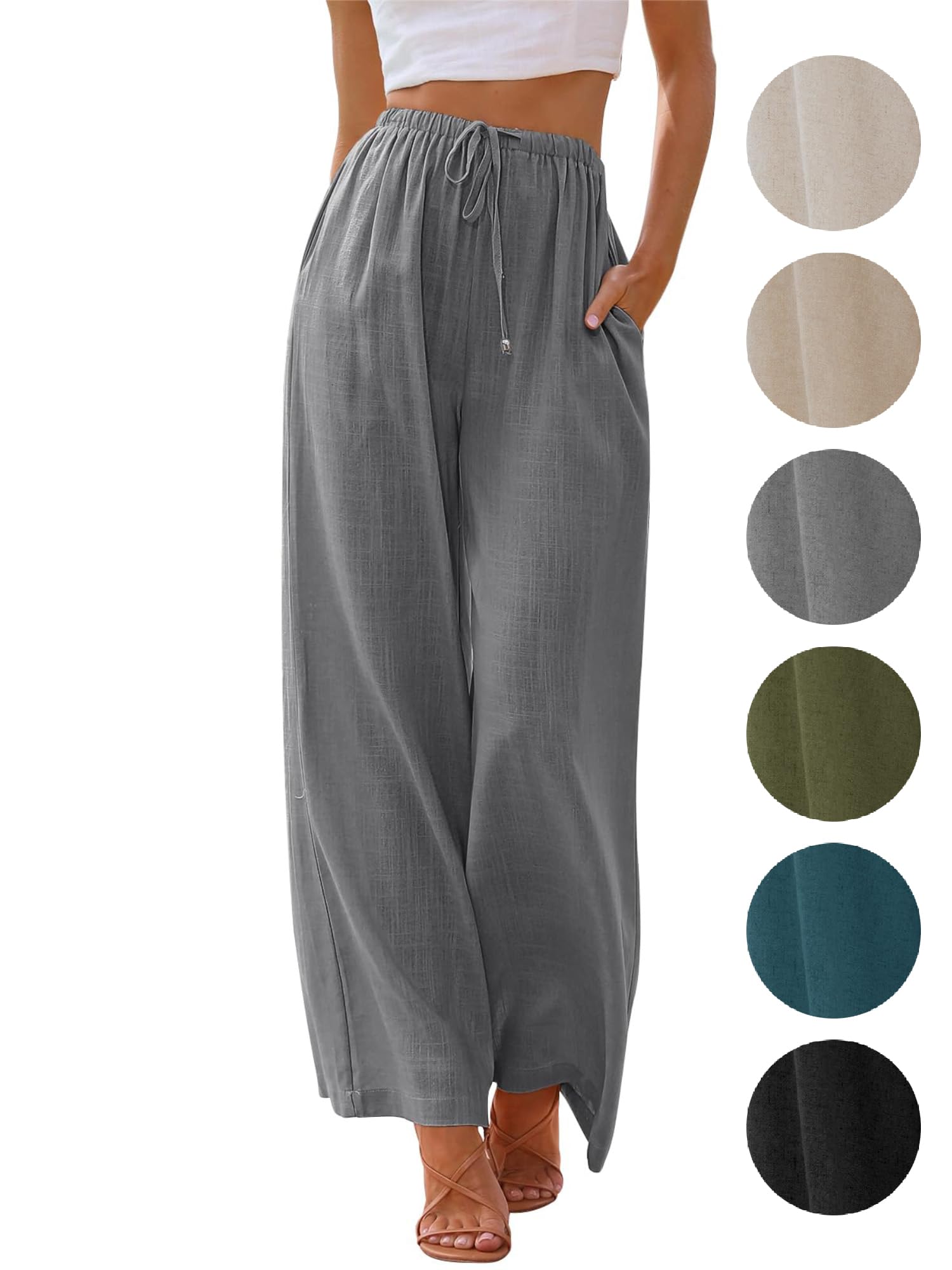 Puimentiua Sommerhose Damen Leicht,Sommer Leinenhosen,Palazzo Hose,Wide Leg Pants,Elegant Stoffhose,Luftig Sommerhosen,Women Leinen,Lockere Hosen mit Weite Bein und Tunnelzug (S-XXL)