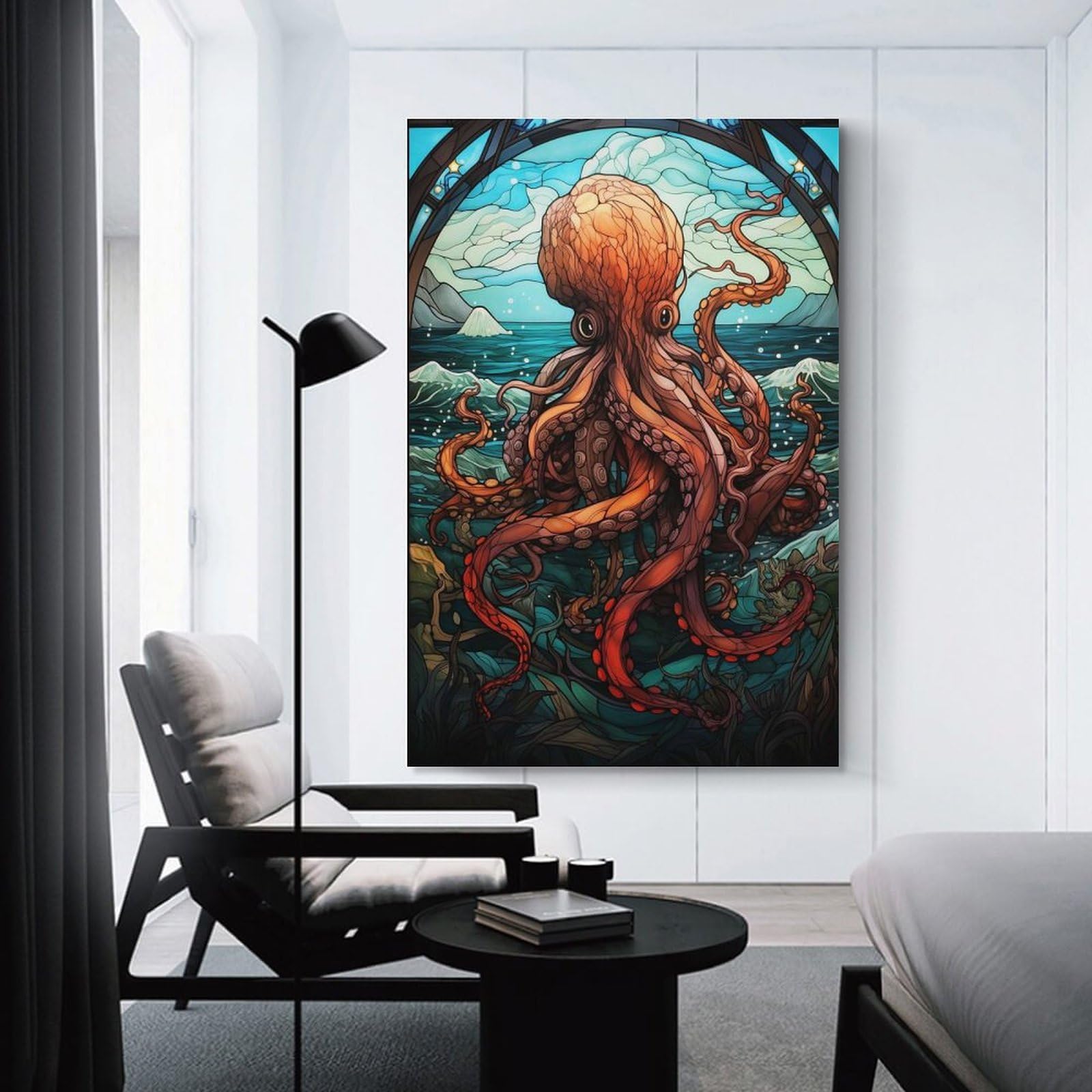 Junmoney Canvas Wall Decor Octopus Stained Glass, 20x30inch(50x75cm), for Home Lounge, Bedroom Or Reading Nook, Eye Catching Artwork for Blank Walls