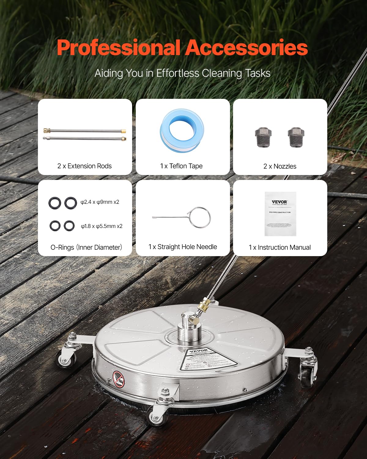 VEVOR Nettoyeur de Surface pour Nettoyeur Haute Pression 465 mm, Accessoire Nettoyeur Sol en Acier INOX sur Roues, 275 Bar Max. connecteur 0,635 cm 2 Buses pulvérisation 2 tiges Extension, pour béton