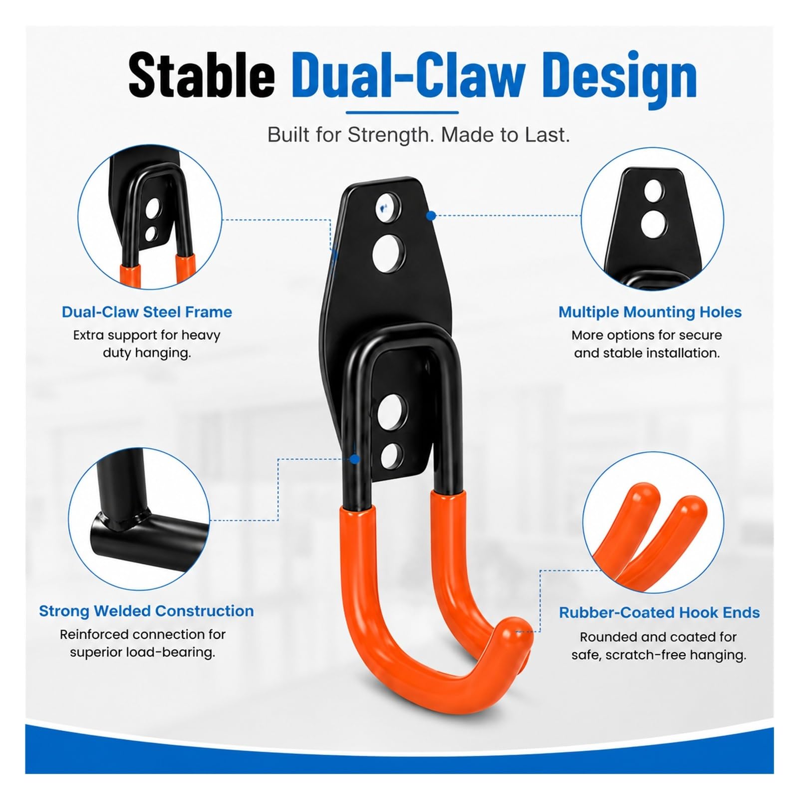Ganci da Parete con Rivestimento in Gomma Antigraffio, Ganci Garage Doppia Crampata in Acciaio, Porta Attrezzi da Parete in Ferro per Officina, Garage, Trapani e Tubi(Orange)