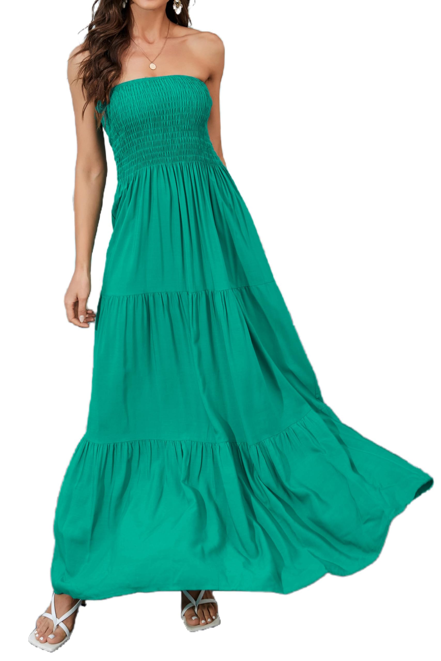 Daenery Women Strapless A Line Maxi Dress Tube Top Backless Casual Summer Dress, Green Forest, S