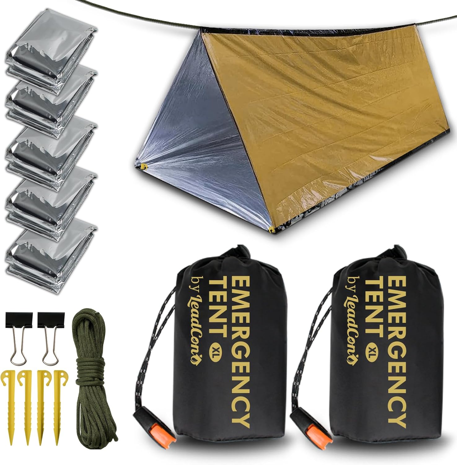 2-Pack Emergency Survival Tent for 2 – All-Weather Shelter & 5 Mylar Blankets