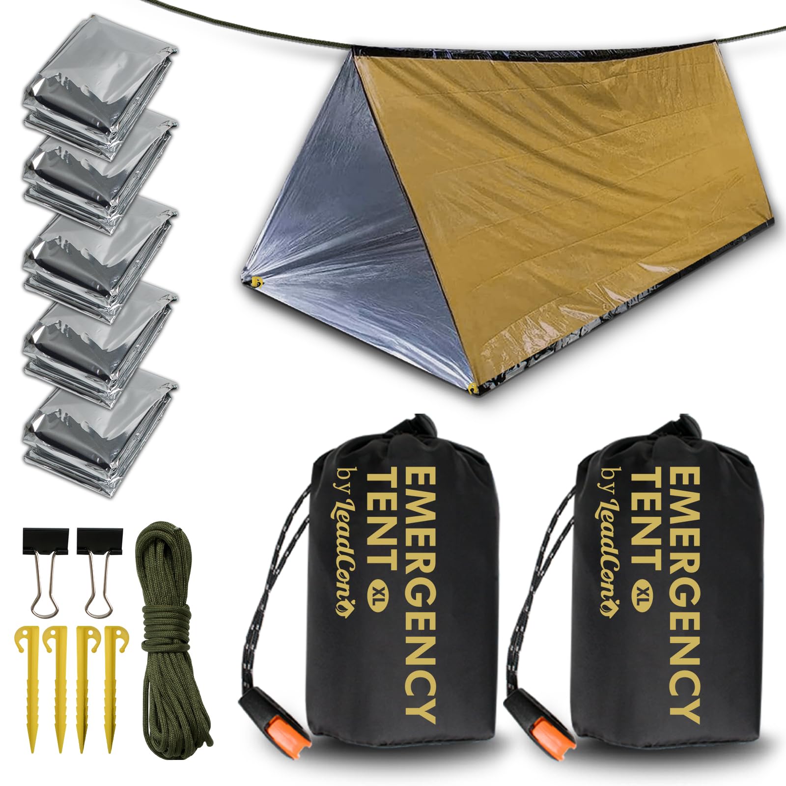 LeadCon 2 Pack Emergency Survival Tent, 2 Person Emergency Shelter Tube Tent All-Weather Protection for Camping, Hiking, & Survival Kits Includes 5 pcs Emergency Blanket Mylar