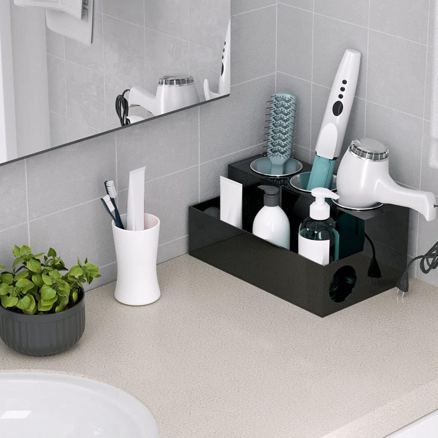 Organizzatore per Strumenti per Capelli Porta Asciugacapelli da Appoggio Supporto per Asciugacapelli per Bagno con 3 Tazze Nero