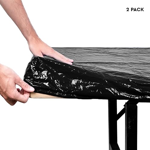 Miniatura 7 de LINPRO Paquete de 2 manteles de plástico desechables para fiestas, manteles de pícnic de 8 pies con mantel elástico ajustable para campamento,