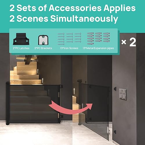 Miniatura 5 de Puerta retráctil para bebé, puerta de malla mejorada con bloqueo unidireccional de 34 pulgadas, se extiende hasta 71 pulgadas extra anchas para