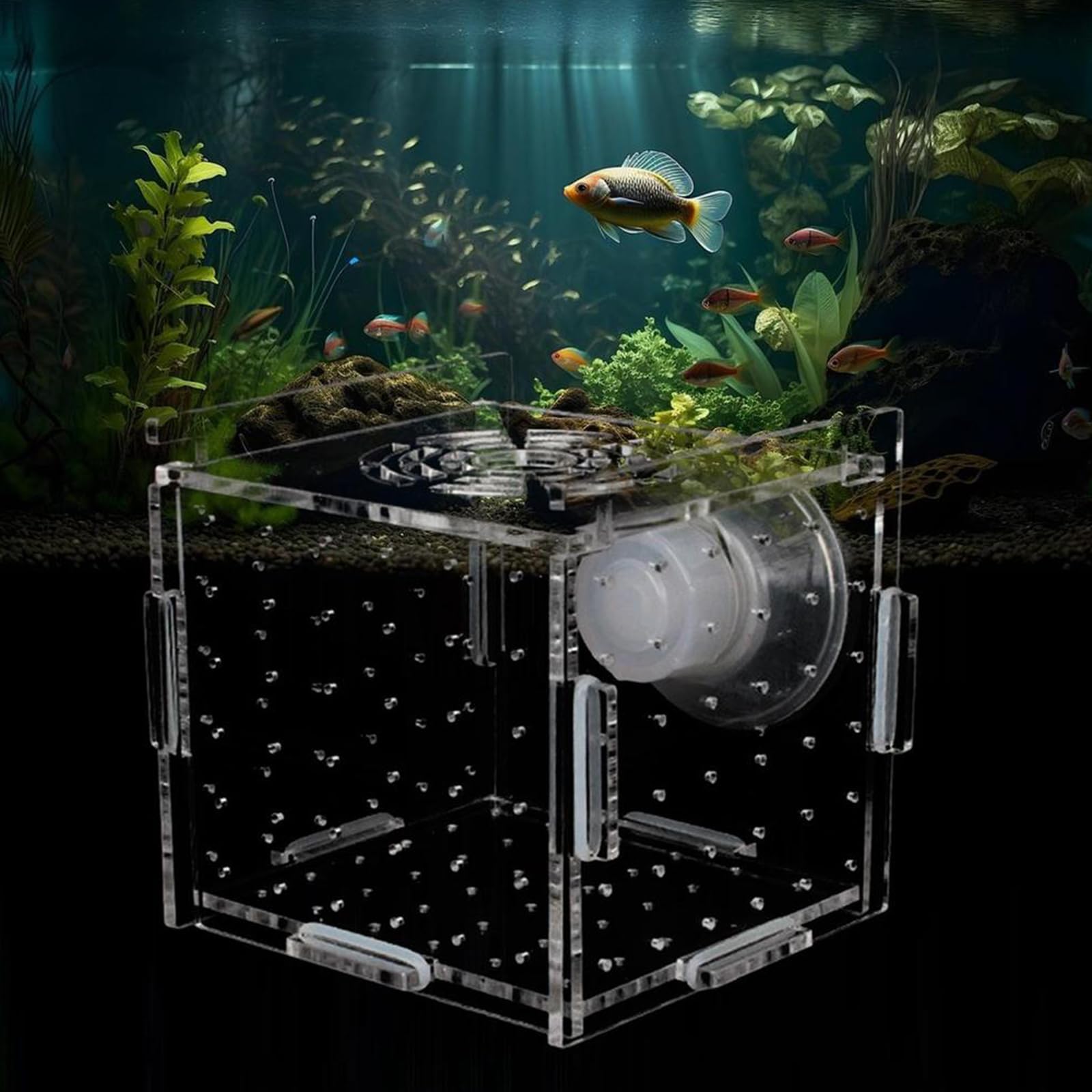 Boîte D'élevage de Poissons, Boîte D'isolation Flottante en Acrylique, Filet D'Élevage Aquarium, avec 1 Ventouses, Aquariums D'élevage pour Poissons Agressifs Blessés Et Petits Crevettes, 10*10*10CM