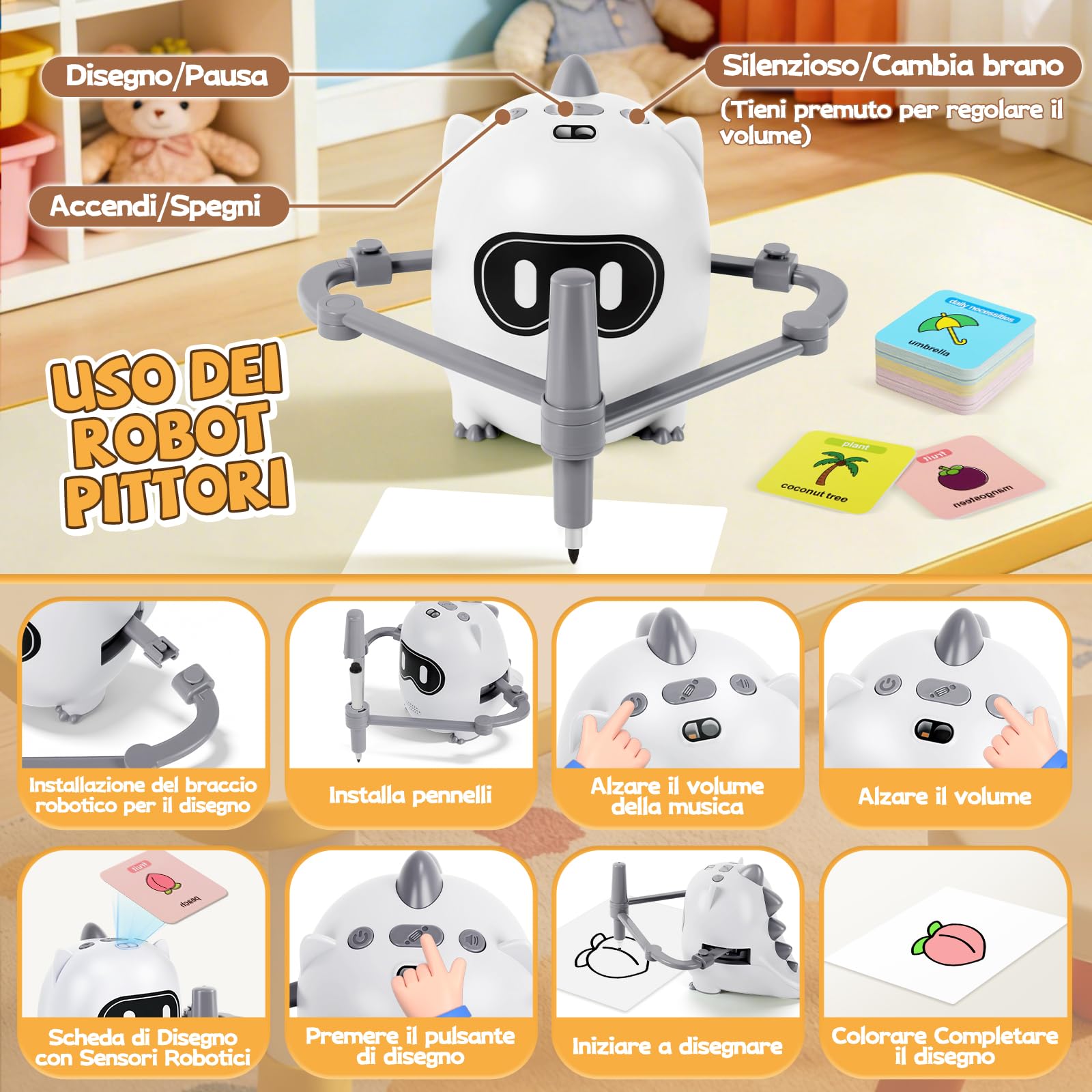 Charmofun Robot da colorare per bambini, 200 carte educative, robot da disegno per bambini con riconoscimento della fotocamera, macchina da disegno educativa interattiva, giocattolo educativo