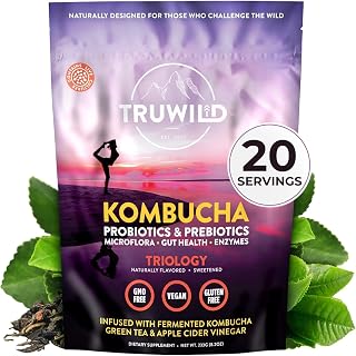 TruWild Natural Kombucha Powder Probiotic Supplement Vegan Drink Mix – Gut Health Digestive Enzymes w/Live Cultures + Apple Cider Vinegar & Prebiotics – 20 Servings