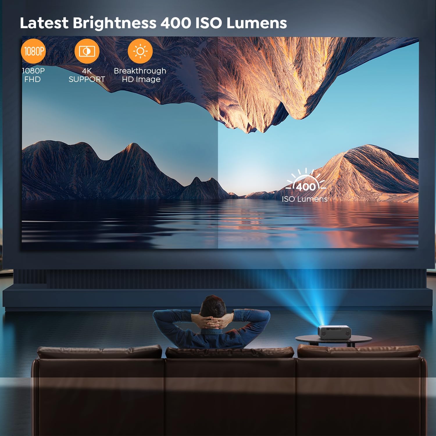 YABER Pro V9 400 ISO Native 1080P Outdoor Movie Projector with WiFi 6 and Bluetooth 5.2, Auto 6D Keystone & 50% Zoom, Home Theater Projector for Phone/TV Stick/PC (Renewed)