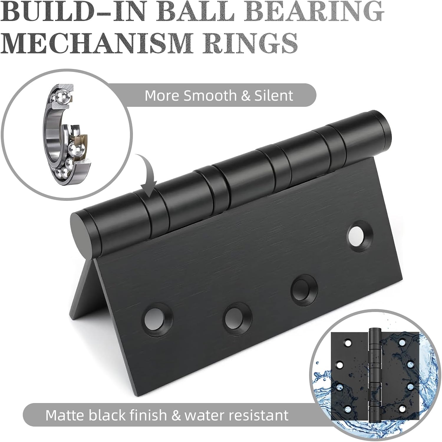 6Pcs Stainless Steel Black Door Hinges, 4 x 4 Inch Door Hinge with Ball Bearing, Heavy Duty Door Hardware, Door Hinges with Square Corners