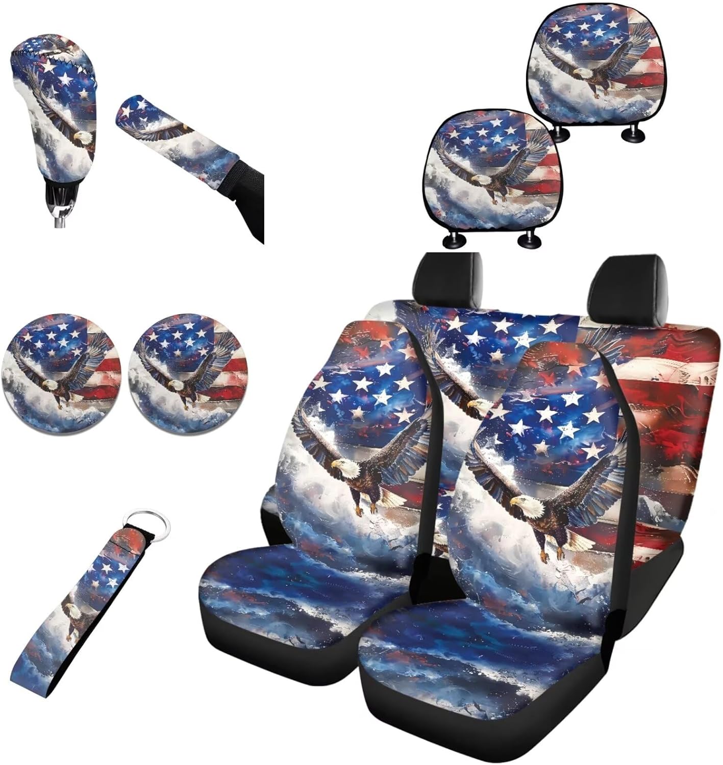 FKELYI Purple Camo Car Seat Covers Full Set with Hand Wristlet Keychain Holder,Camouflage Cup Coasters,Auto Gear Shift Cover,Handbrake Cover,Headrest Covers,Universal Fit Most Vehicle SUV Truck Van