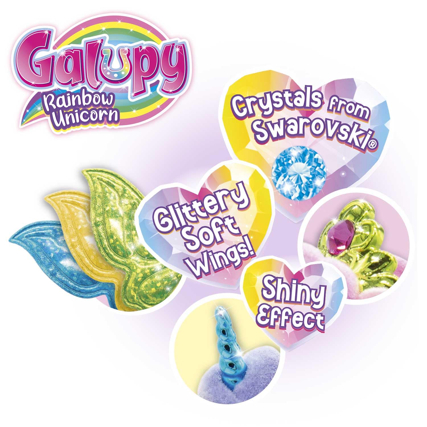 Galupy Rainbow Unicorn 6-pack - Unicorno di peluche da collezione, statuette di unicorno con ali glitterate e cristalli Swarovski