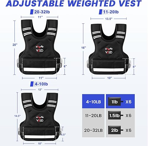 Miniatura 7 de VBSD Adjustable Weighted Vest for Women Men 4-10lb11-20lb20-32lb Vest with 6 Ironsand Weights Body Weight Vest with Reflective Strip for Running