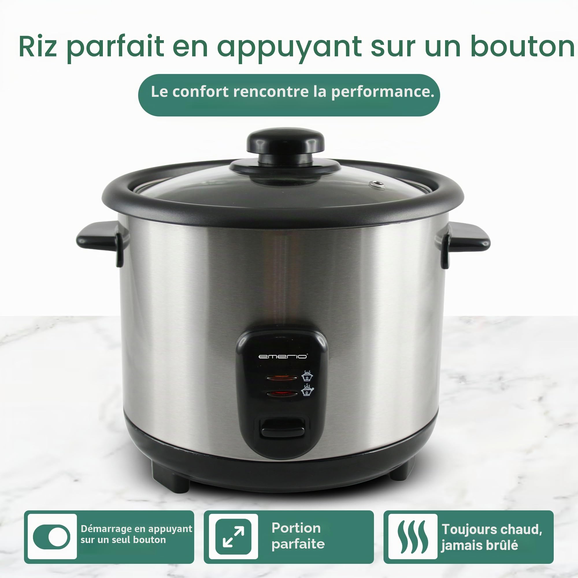 EMERIO cuiseur à riz automatique avec volume de 1,5 L, fonction de maintien au chaud arrêt automatique revêtement antiadhésif couvercle en verre avec cuillère à riz + tasse à mesurer, RCE-110118.5