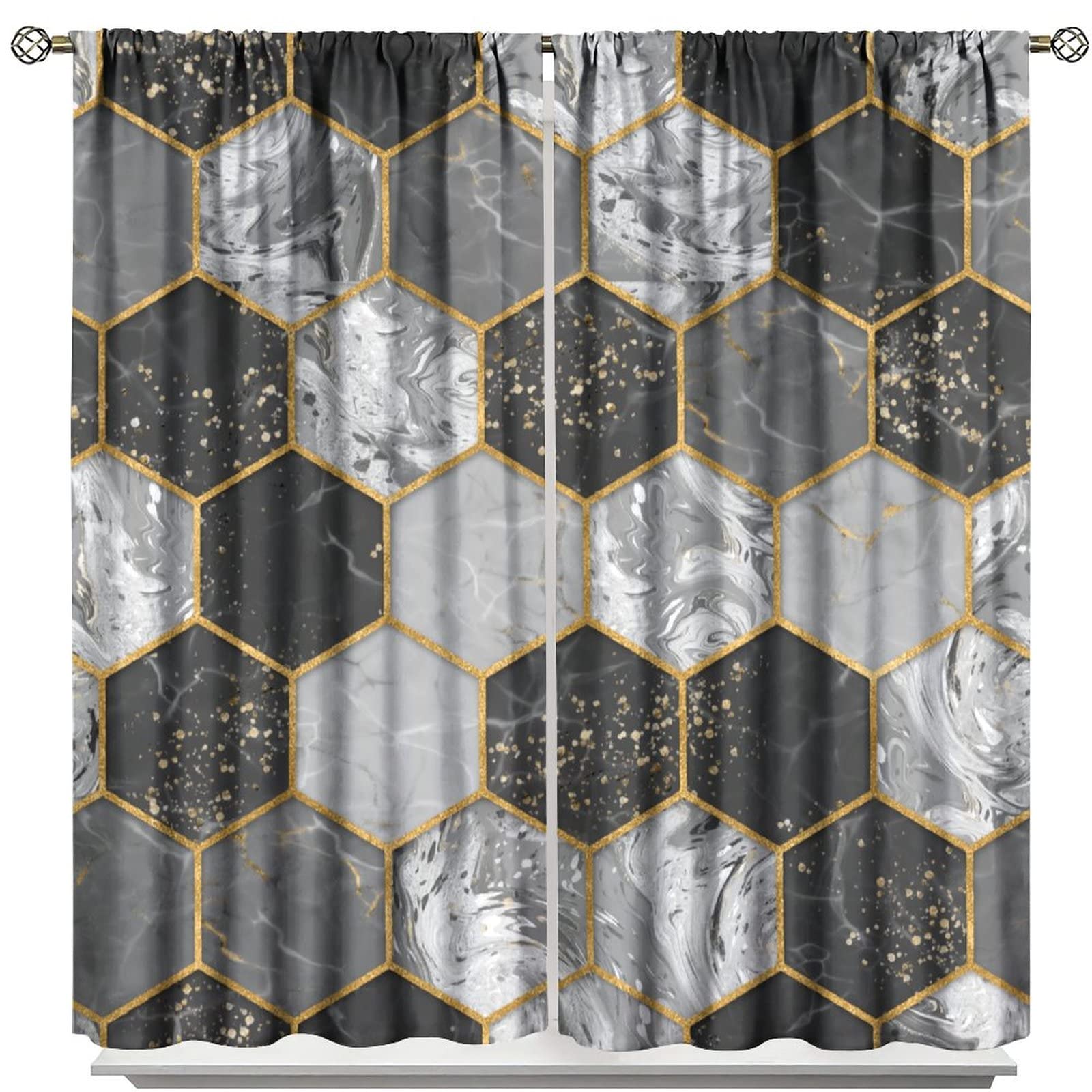 Marble Blackout Curtain,Black Grey Abstract Geometry Hexagon Pattern Texture Art Golden Foil Texture Rod Pocket Curtain for Kids Boys Girls Bedroom Living Room Decor Window Drapes 72