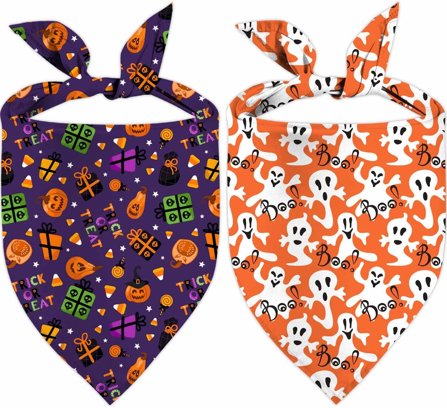 Halloween Dog Bandanas, Double Side All 4 Patterns Reversible Large Pet Bandanas 2 Pack, Celebration Set, Adjustable Triangle Holiday Ghost Bat Pumpink Scarves for Dogs Girl Boy Pets