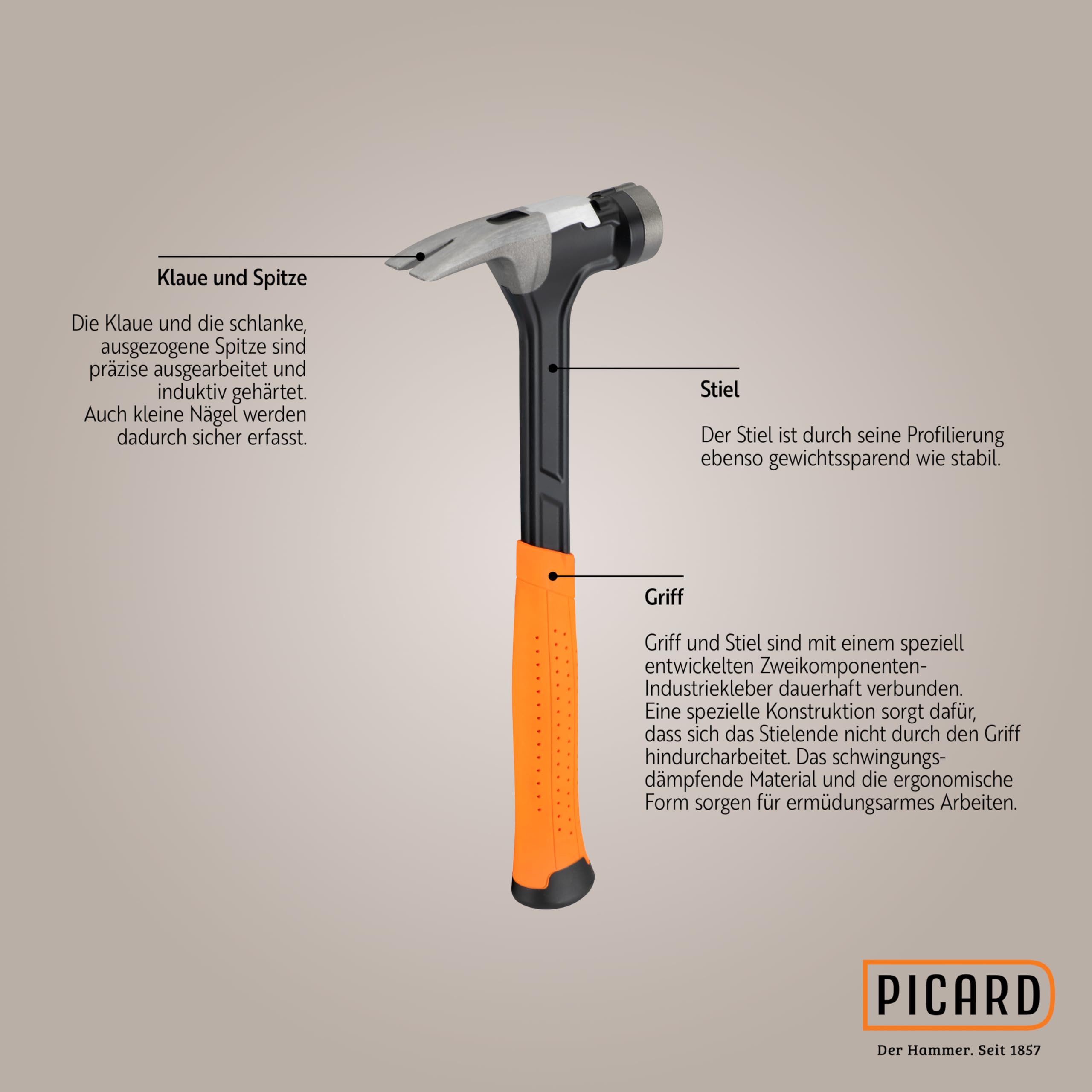 Picard Martello Carpentiere Liscia AluTec®, No. 1095 | Martello da Carpentiere Professionale con Estrazione Chiodi | Leggero E Potente | Ergonomico E Antivibrazione | Hammer Ibrido Alluminio