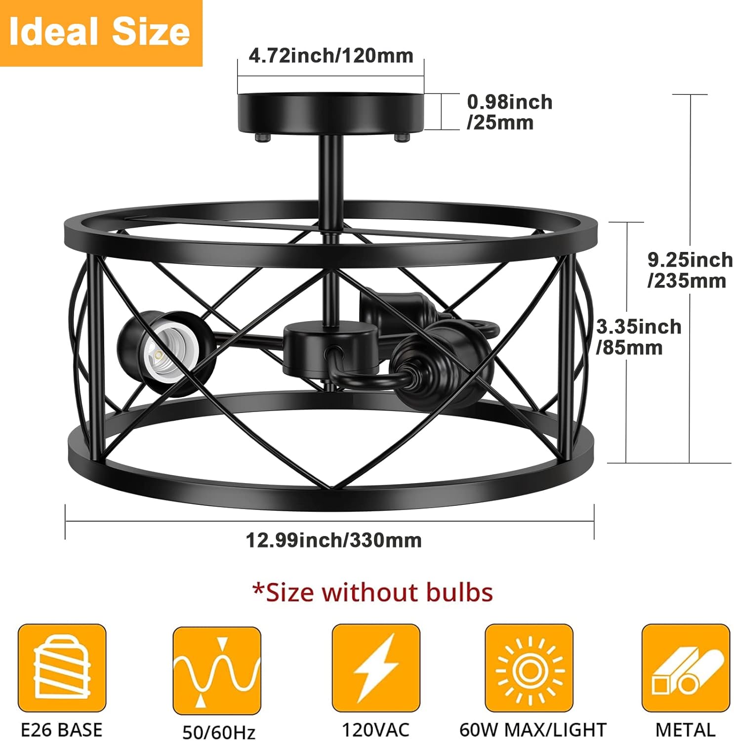 Industrial 3-Light Semi Flush Mount Ceiling Light Fixtures, Modern Farmhouse Black Metal Cage Ceiling Lighting, Vintage Retro Indoor Pendant Lamp for Hallway Kitchen Bedroom Living Room Entryway - - 