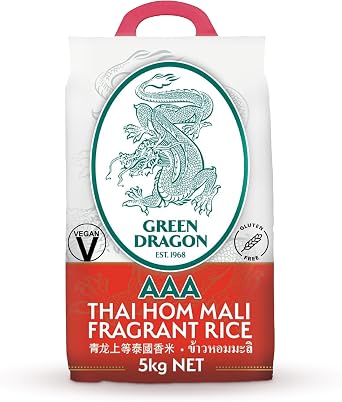 Green Dragon Thai Fragrant Jasmine Rice 5KG | Thai Hom Mali | AAA | Premium Rice | White Rice | Chinese Ingredients | Chinese Asian Cooking | 5KG | Fragrant white rice ideal for Thai and Asian cuisine