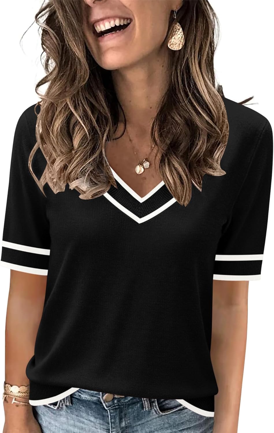 Rapbin Womens Short Sleeve Sweater Summer V Neck Tops Casual Knit Shirts Lightweight Pullover Top