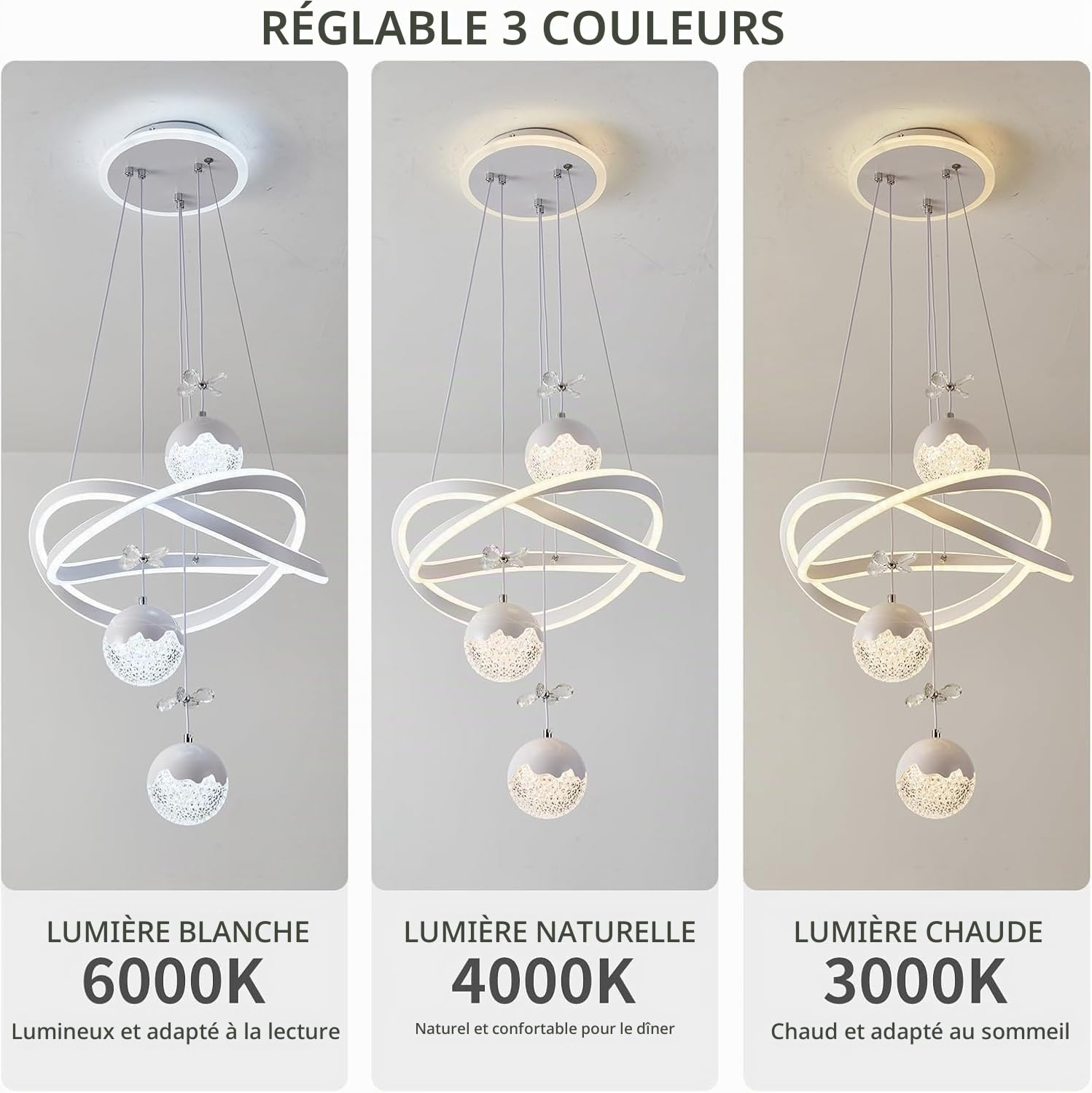 Lustre LED moderne éclairage décoratif d'intérieur suspension cristal à intensité variable en forme de fleur lampe suspendue table à manger 80W anneau aluminium blanc convient salle à manger sa