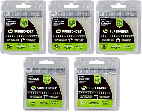 Surebonder 15030C - Grapas y aisladores de luz para luces de Navidadvacaciones y cable de bajo voltaje, 60 grapas y 30 aisladores blancos, paquete