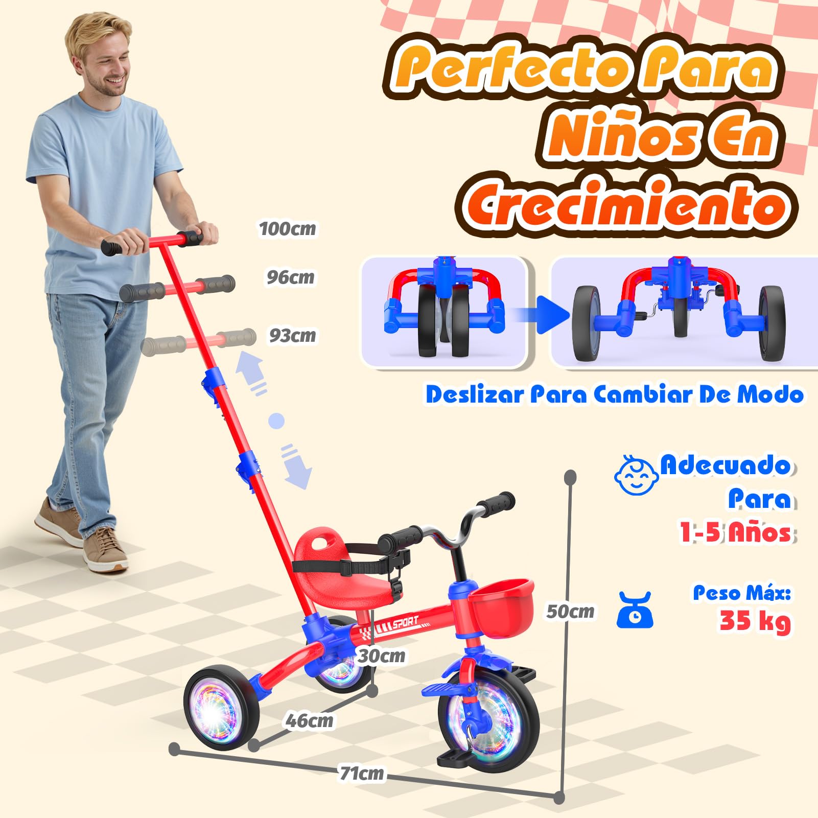 HappyGoLucky Triciclo 5 En 1 Evolutivo Bebe, Bici Bicicleta Niñas 1-3 Años-Ruedas Luminosas/Asa Parental/Asientos&Pedales Regulables