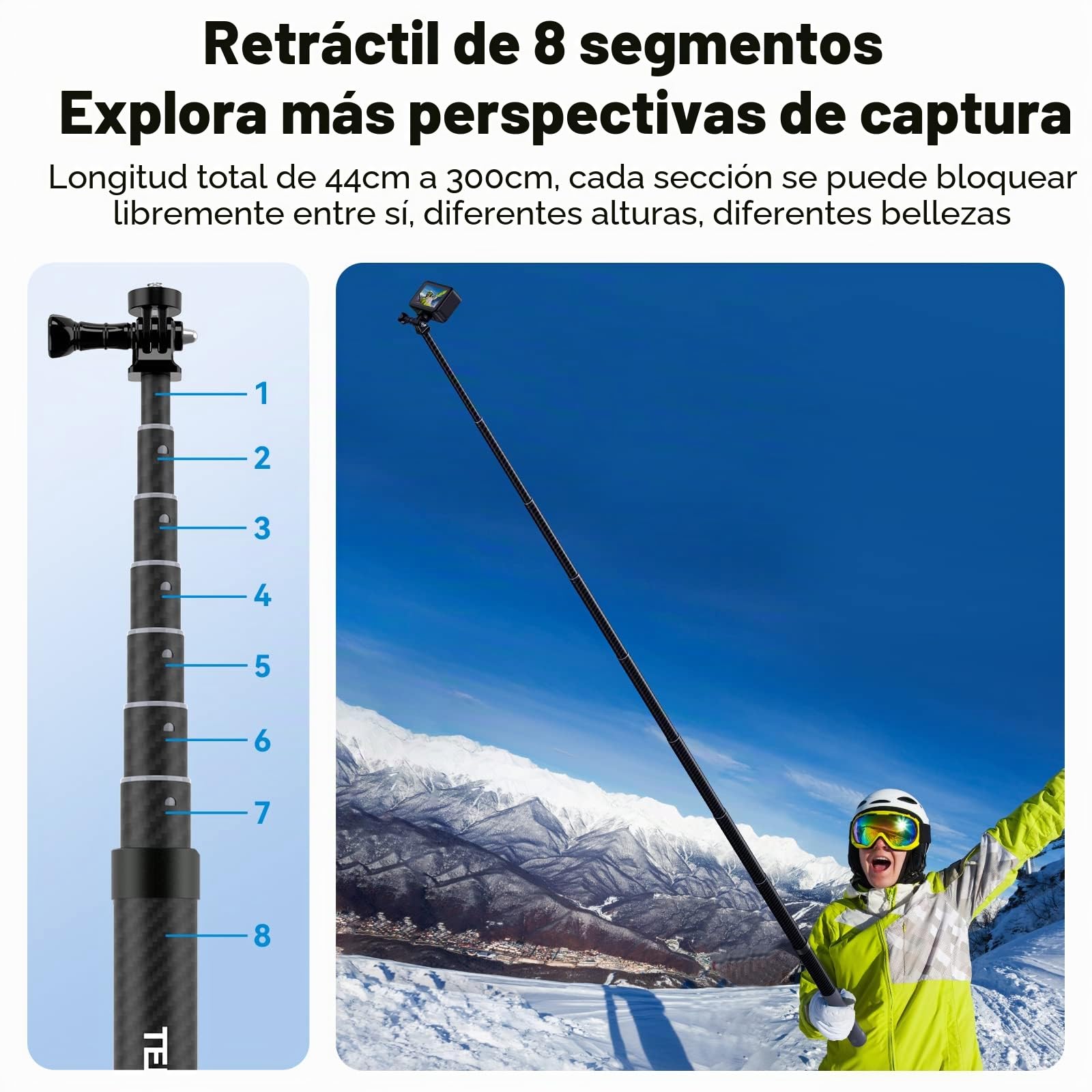 TELESIN 118 pulgadas/3m de Fibra de Carbono Palo Selfie para GoPro Hero 13 12 11 10 9 8 Insta360 X5 X4 X3, dji Osmo 360 Action 6 5 Pro 4 3