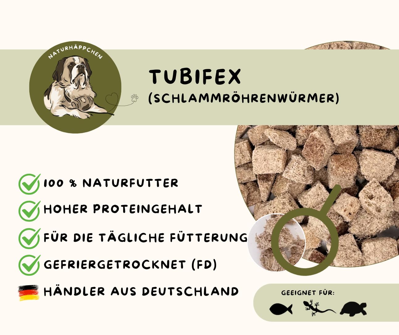 Warnick´s Tierfutterservice Naturhäppchen Tubifex FD, Schlammröhrenwürmer gefriergetrocknet - 1000 ml in Eimer - Naturfutter für Zierfische