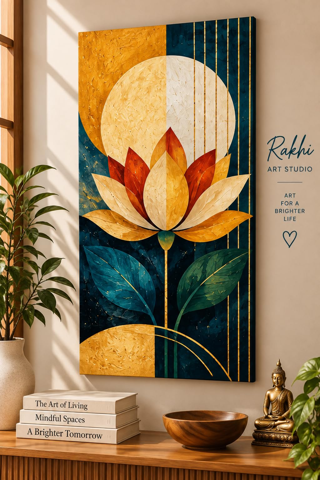 Lotus Acrylic Handmade Painting on Canvas | Hand-painted, Gold Line Details-picture-38