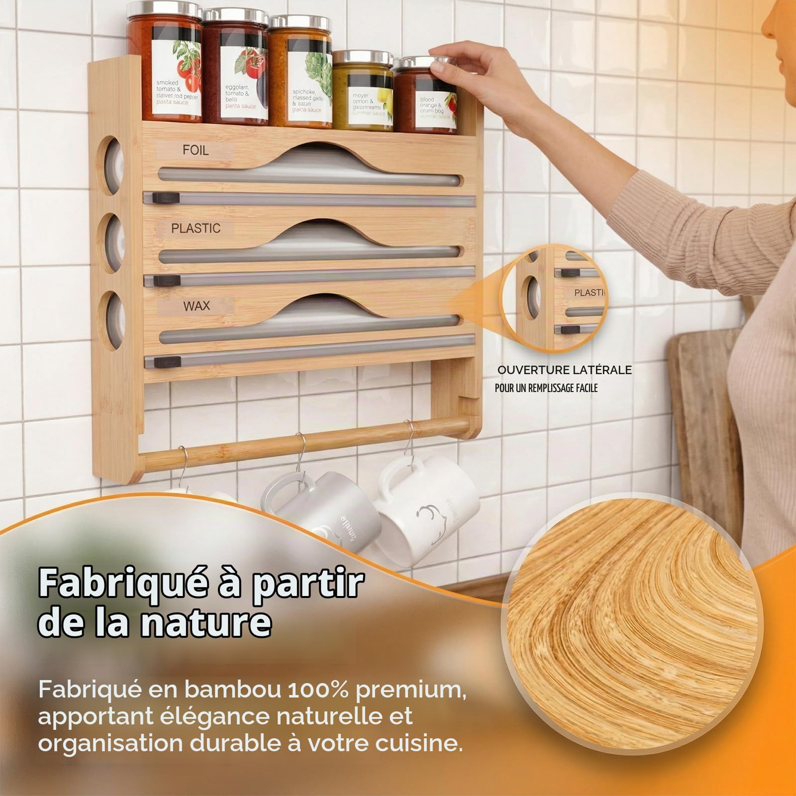 Distributeur Papier Aluminium Mural 5 en 1 Bambou Organisateur Cuisine