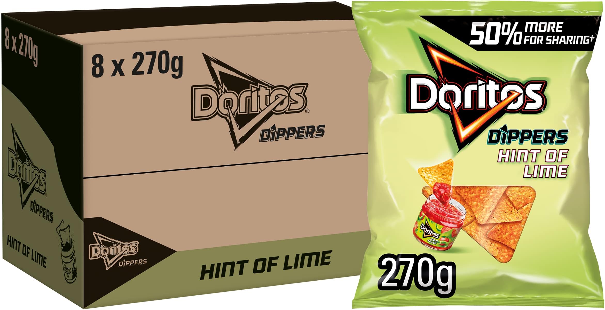 Doritos Dippers Hint of Lime Vegetarian Tortilla Chips, Perfect for Dipping 270g (Case of 8)