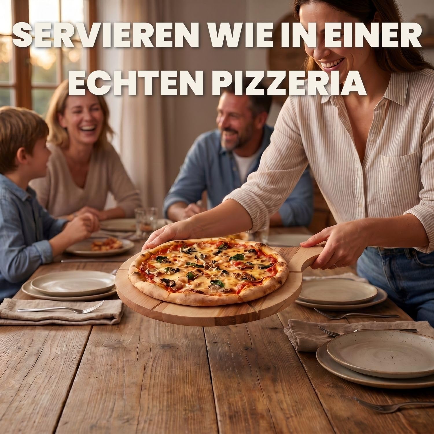 Pizzateller Holz 2er Set mit Griffen aus leichtes Buchenholz 33 cm | 33 cm, Schneidrillen, Erleichtert das Schneiden, Leicht zu reinigen, Hitzebeständig, Aufhängeloch, Für Pizza Snacks und Käse